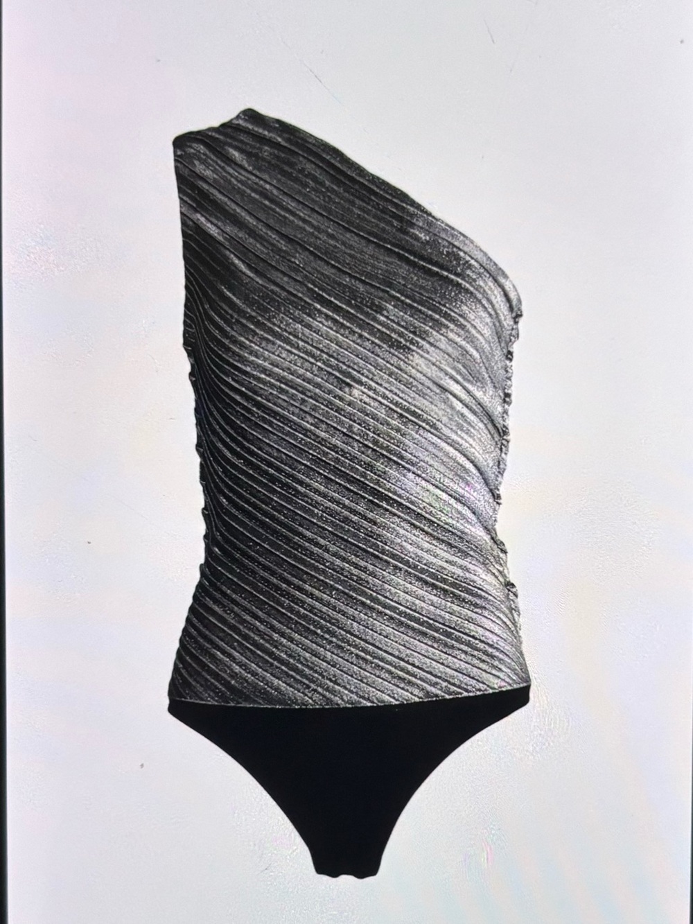Mugler One-Shoulder Silver Metallic Pleated Bodysuit